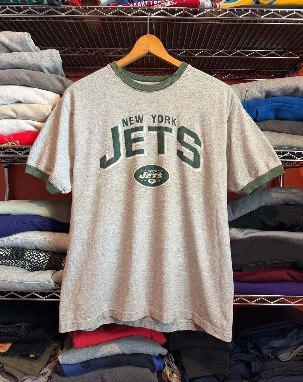 Vintage Reebok NFL New York Jets Gray Green Ringer T-Shirt Mens Large 90s Y2K
